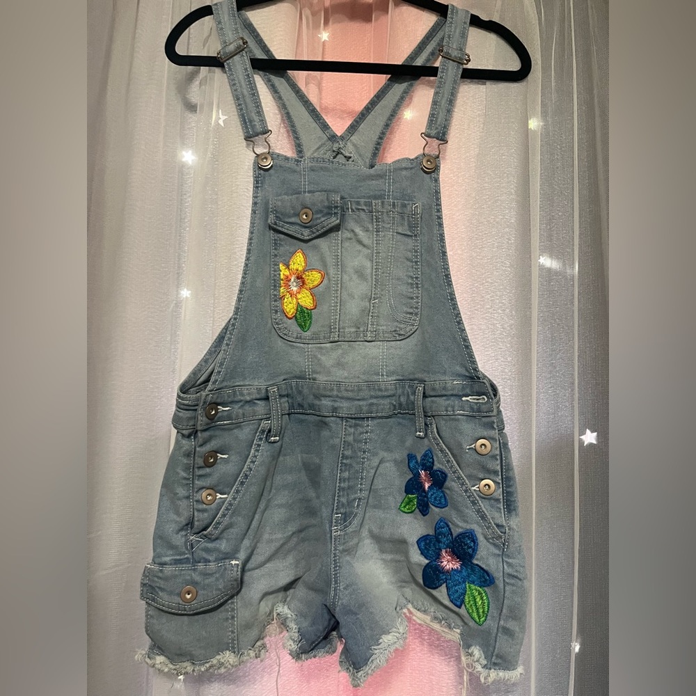 denim overalls with flowers from No Boundaries